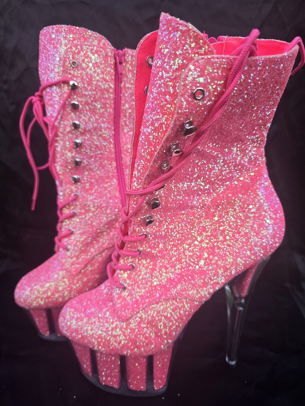 Pleaser Hot Pink Glitter Lace-Up Platform Stiletto Boots